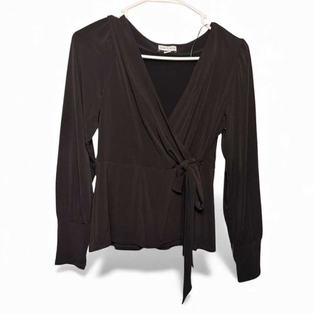Sam and Jess, Black Long Sleeve Wrap Blouse, Size Small Petite (NWT) - Picture 2 of 5
